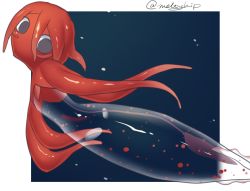 Rule 34 | 1girl, akira (meltyhip), black eyes, colored skin, from side, looking at viewer, looking to the side, monster girl, navel, no mouth, no nose, original, red hair, red skin, solo, squid, squid girl, tentacle hair, tentacles, see-through body, twitter username, underwater, wide-eyed
