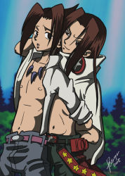 Rule 34 | 2boys, asakura hao, asakura yoh, belt, brother, brothers, brown hair, hug, jewelry, male focus, multiple boys, necklace, open clothes, open shirt, outdoors, shaman king, shirt, siblings, standing, tagme, twins, yaoi