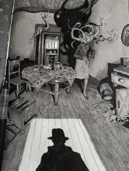Rule 34 | 1boy, 1girl, art tools in frame, chair, creature, cross, cross necklace, fusion, greyscale, highres, horacioaltuna, horror (theme), indoors, ink, jewelry, lamp, messy room, monochrome, monster, monster girl, necklace, open door, original, pov, shadow, skirt, table, traditional media, walking