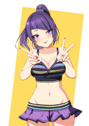 Rule 34 | 1girl, absurdres, bare shoulders, bikini, bow, breasts, cleavage, collarbone, cowboy shot, crop top, diagonal bangs, dinas, double v, grid background, hair bow, hands up, high ponytail, highres, idolmaster, idolmaster shiny colors, looking at viewer, medium breasts, midriff, multicolored bikini, multicolored clothes, navel, purple eyes, purple hair, purple nails, simple background, smile, solo, swimsuit, tanaka mamimi, tongue, tongue out, two-tone background, v, white background, yellow background
