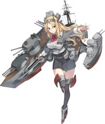 Rule 34 | 1girl, blonde hair, blue eyes, breasts, full body, headgear, kantai collection, konishi (koconatu), large breasts, long hair, machinery, military, military uniform, nelson (kancolle), nelson kai (kancolle), official art, outstretched arm, solo, thighhighs, transparent background, turret, uniform, weapon, zettai ryouiki