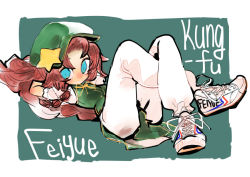 Rule 34 | 1girl, arms behind head, beret, blue eyes, braid, chinese clothes, green background, hat, hong meiling, long hair, looking at viewer, lying, on back, red hair, shoes, sneakers, solo, star (symbol), tangzhuang, touhou, tsuru (nekopanchi), twin braids