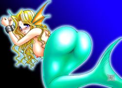Rule 34 | 1girl, ass, ass focus, aulbath, bdsm, blonde hair, blue background, blush, bondage, bound, bound wrists, brazil, breasts, capcom, completely nude, cuffs, densuke (heppoko dou), fins, gender request, genderswap, hair intakes, head fins, huge ass, large breasts, looking at viewer, looking back, mermaid, midnight bliss, monster girl, nipples, nude, purple eyes, shackles, solo, sweatdrop, tears, top-down bottom-up, vampire (game), wavy hair