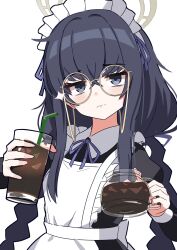 Rule 34 | 1girl, alternate costume, apron, bags under eyes, black eyes, black hair, blue archive, closed mouth, coffee, commentary request, cup, drinking straw, enmaided, frilled apron, frills, glasses, hair between eyes, halo, highres, holding, holding cup, long hair, long sleeves, looking at viewer, maid, maid headdress, round eyewear, simple background, solo, ui (blue archive), white apron, white background, xaiqi