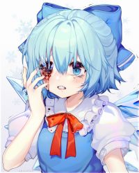 Rule 34 | 1girl, artist name, bad id, bad pixiv id, bleeding, blood, bloody tears, blue bow, blue dress, blue eyes, blue hair, blush, bow, breasts, chariko, cirno, clenched teeth, crying, crying with eyes open, dress, eye injury, eye stab, frilled shirt collar, frills, grimace, guro, hair between eyes, hair bow, hand up, ice, ice wings, injury, puffy short sleeves, puffy sleeves, red neckwear, short hair, short sleeves, simple background, small breasts, snowflakes, solo, tears, teeth, touhou, trembling, upper body, watermark, white background, wings
