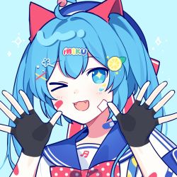 Rule 34 | &gt; o, 1girl, :3, :d, bandaid, bandaid on arm, bandaid on face, beret, black gloves, blue eyes, blue hair, blue hat, blue sailor collar, bow, bowtie, character name, fangs, fingerless gloves, food-themed hair ornament, gloves, hair bow, hair ornament, hat, hat bow, hatsune miku, lemon hair ornament, long hair, looking at viewer, one eye closed, open mouth, pink bow, pink bowtie, polka dot, polka dot bow, polka dot neckwear, sailor collar, shirt, smile, solo, sparkle, twintails, upper body, vocaloid, waka (wk4444), white shirt, wonderlands x showtime miku, x hair ornament