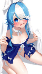 Rule 34 | 1girl, @ @, absurdres, azur lane, bare shoulders, barefoot, blanket, blue eyes, blue hair, blush, bow, breasts, choker, cleavage, clothing cutout, collarbone, commentary request, dutch angle, eyelashes, from above, hair bow, hair over one eye, highres, leg strap, lingerie, long hair, looking at viewer, maille-breze (azur lane), maille-breze (the noble knight&#039;s last stand) (azur lane), multicolored hair, navel, navel cutout, official alternate costume, open mouth, ribbon, ribbon choker, seele0907, simple background, sitting, small breasts, solo, spread legs, streaked hair, tearing up, thigh strap, underwear, very long hair, wariza, wavy mouth, white background, white bow, white hair, white ribbon