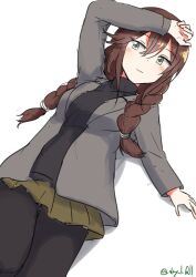 Rule 34 | 1girl, absurdres, black pantyhose, black sweater, braid, brown hair, cowboy shot, green eyes, grey jacket, grey skirt, highres, jacket, kantai collection, long hair, noshiro (kancolle), official alternate costume, one-hour drawing challenge, pantyhose, robinson (day l full), skirt, solo, sweater, twin braids, twitter username