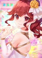 Rule 34 | 1girl, anna (bridal) (fire emblem), anna (fire emblem), dress, edamameoka, finger to own chin, fire emblem, fire emblem awakening, fire emblem heroes, flower, from side, hair flower, hair ornament, highres, index finger raised, looking at viewer, nintendo, official alternate costume, ponytail, red eyes, red hair, smile, solo, upper body, wedding dress, white dress