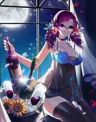 Rule 34 | 1girl, alcohol, babydoll, bad id, bad pixiv id, bare shoulders, bottle, breasts, bucket, cup, curtains, drill hair, drinking glass, flower, full moon, glasses, ice, ice cube, lingerie, moon, nail polish, nightgown, panties, red eyes, red hair, see-through, solo, sword girls, thighhighs, twin drills, underwear, vernika answer, window, wine, wine bottle, wine glass, yamijam