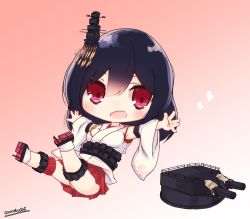 Rule 34 | 1girl, artist name, black hair, cannon, chibi, detached sleeves, floral print, gradient background, hair ornament, highres, kantai collection, looking at viewer, momimaki, open mouth, outstretched arms, red background, red eyes, short hair, solo, turret, wide sleeves, yamashiro (kancolle), yamashiro kai ni (kancolle)