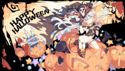 Rule 34 | 1girl, absurdres, alternate costume, amatsukaze (kancolle), animal, black cat, candle, candy, cat, fang, food, hair between eyes, halloween, halloween costume, hat, highres, jack-o&#039;-lantern, kantai collection, litsvn, long hair, pumpkin, rensouhou-kun, silver hair, single thighhigh, smile, solo, striped clothes, striped thighhighs, thighhighs, two side up, witch hat, yellow eyes