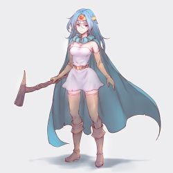 Rule 34 | 1girl, blue hair, boots, breasts, cape, circlet, cleavage, closed mouth, commentary request, dragon quest, dragon quest iii, elbow gloves, gloves, highres, long hair, looking at viewer, red eyes, sage (dq3), simple background, solo, square enix, staff, tamago tomato, weapon, yellow gloves