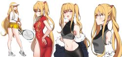 Rule 34 | 1girl, absurdres, ass, blonde hair, blush, breasts, china dress, chinese clothes, closed mouth, collarbone, crop top, dress, earrings, fang, highres, holding, holding racket, jewelry, k pring, large breasts, long hair, long sleeves, looking at viewer, looking away, multiple views, navel, open mouth, original, racket, red eyes, shoes, short sleeves, skirt, smile, sneakers, socks, tennis racket, twintails, very long hair, white footwear, white legwear, yellow skirt