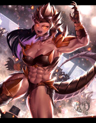 Rule 34 | 1girl, abs, absurdres, armor, arsonichawt, artist name, borrowed character, brown hair, claws, crowd, dragon girl, dutch angle, embers, english text, engrish text, fangs, gauntlets, glowing, glowing eyes, gorget, helmet, highres, holding, holding sign, horns, long hair, multicolored hair, muscular, muscular female, open mouth, orange eyes, original, purple hair, ranguage, saliva, sign, silhouette, slit pupils, solo, tail, two-tone hair, wrestling ring