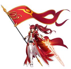 Rule 34 | 1girl, armor, artist request, black skirt, boots, braid, cape, coat, elesis (elsword), elsword, empire sword (elsword), flag, full body, holding, holding sword, holding weapon, knee boots, long hair, looking at viewer, armored boots, official art, ponytail, red cape, red coat, red eyes, red hair, red theme, serious, simple background, skirt, solo, standing, sword, thigh strap, thighhighs, thighhighs under boots, uniform, weapon, white background, white thighhighs