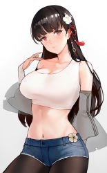 Rule 34 | 1girl, absurdres, alternate costume, azur lane, bare shoulders, black hair, black pantyhose, blunt bangs, breasts, casual, cl (summer sama), closed mouth, collarbone, commission, crop top, denim, denim shorts, detached sleeves, flower, hair flower, hair ornament, hand up, highres, large breasts, pantyhose under shorts, light smile, long hair, midriff, nail polish, navel, pantyhose, pink nails, pixiv commission, red eyes, short shorts, shorts, simple background, single bare shoulder, single strap, smile, solo, stomach, straight hair, tassel, tassel hair ornament, white background, white flower, yat sen (azur lane)