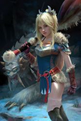Rule 34 | 1girl, armor, ayuria, barioth, blonde hair, breastplate, claws, dark background, dennis frohlich, fake horns, fur trim, glowing, glowing eyes, highres, horned headwear, horns, looking at viewer, monster hunter (series), monster hunter stories, monster hunter stories 2, over shoulder, parted lips, shoulder armor, standing, tusks, weapon, weapon over shoulder