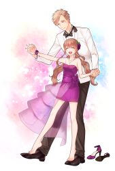 Rule 34 | 1boy, 1girl, :d, bare shoulders, barefoot, black footwear, black neckwear, black pants, blush, bow, bowtie, breasts, brown eyes, dancing, dress, flower, hair flower, hair ornament, holding hands, hetero, high heels, highres, hsmoji, jewelry, light brown hair, long hair, necklace, open mouth, original, pants, purple bow, purple dress, purple footwear, shirt, shoes, unworn shoes, simple background, small breasts, smile, twintails, white shirt
