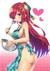 Rule 34 | 1girl, :p, apron, aqua apron, ass, bare arms, bare shoulders, bow, bowl, breasts, collarbone, copyright request, cowboy shot, cream, from side, gem, green bow, hair bow, hair ornament, hairpin, heart, holding, holding bowl, long hair, looking at viewer, looking to the side, medium breasts, mixing bowl, naked apron, purple eyes, red eyes, red gemstone, shitou (1992116210), short ponytail, sideboob, solo, standing, straight hair, tongue, tongue out, valentine, very long hair, whisk