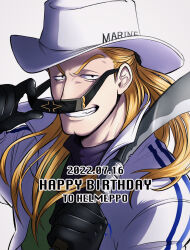 Rule 34 | 1boy, black gloves, blonde hair, character name, cowboy hat, english text, gloves, happy birthday, hat, helmeppo, highres, holding, holding knife, knife, kouteikoku rk, long hair, looking at viewer, male focus, one piece, smile, solo, sunglasses, teeth, uniform, white hat