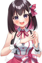 Rule 34 | 1girl, :d, absurdres, azki (3rd costume) (hololive), azki (hololive), bare shoulders, black hair, blush, breasts, colored inner hair, commentary request, detached collar, hair ribbon, highres, hololive, kito koruta, looking at viewer, medium breasts, medium hair, multicolored hair, neck ribbon, open mouth, pink hair, pink ribbon, pink skirt, purple eyes, ribbon, shirt, signature, simple background, skirt, sleeveless, sleeveless shirt, smile, solo, steepled fingers, teeth, upper body, upper teeth only, virtual youtuber, white background, white shirt, wrist cuffs