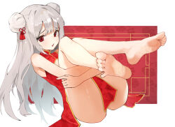Rule 34 | 1girl, barefoot, chinese clothes, double bun, feet, grey hair, hair bun, highres, hugging own legs, kagemoe1003, light blush, long hair, looking at viewer, original, parted lips, red eyes, soles, toes