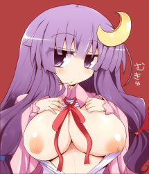 Rule 34 | 1girl, bow, breasts, breasts out, crescent, crescent hair ornament, female focus, hair bow, hair ornament, highres, huge breasts, long hair, looking at viewer, nipples, no bra, no headwear, open clothes, patchouli knowledge, purple eyes, purple hair, ribbon, shirogane (platinum), simple background, solo, touhou, upper body, very long hair