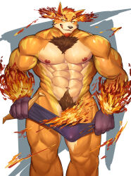 Rule 34 | 1boy, abs, animal ears, bara, chest tuft, convenient censoring, crave saga, crimalluin (crave saga), dog boy, dog ears, facial hair, fiery ears, flaming hand, gloves, goatee, highres, kawara gawara, large pectorals, licking lips, looking at viewer, male focus, male pubic hair, multicolored fur, muscular, muscular male, nipples, nude, orange fur, pectorals, pubic hair, red fur, simple background, solo, tongue, tongue out, tusks, yellow fur