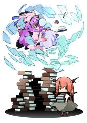Rule 34 | 2girls, bat wings, blindfold, book, bubble, chibi, cup, female focus, floating, head wings, ink, koakuma, long hair, multiple girls, nose bubble, nyuusankin, open mouth, patchouli knowledge, pen, plate, purple hair, red eyes, red hair, sleeping, teacup, embodiment of scarlet devil, touhou, wings