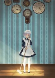 Rule 34 | 1girl, 2015, analog clock, apron, black dress, black footwear, bow, braid, broom, clock, clockwork, closed eyes, collared dress, dated, dress, full body, gears, green bow, hair over shoulder, highres, holding, indoors, izayoi sakuya, juliet sleeves, light smile, long sleeves, maid, maid headdress, mary janes, medium dress, null cell, pantyhose, pendulum clock, puffy sleeves, roman numeral, shaded face, shoes, short hair, side braid, silver hair, solo, standing, sunlight, sweeping, touhou, twin braids, wall clock, wallpaper (object), white apron, white pantyhose, wooden floor