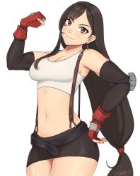 Rule 34 | 1girl, blush, breasts, cleavage, cowboy shot, earrings, female focus, final fantasy, final fantasy vii, gloves, highres, hikikomoriamy, jewelry, looking at viewer, miniskirt, navel, sideboob, skirt, smile, solo, square enix, stomach, suspenders, tank top, tifa lockhart