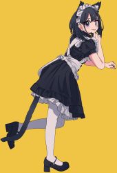 Rule 34 | animal ears, apron, artist request, bad id, bad twitter id, black eyes, black footwear, black hair, cat ears, from side, highres, maid, maid apron, maid headdress, pantyhose, shoes, sideways glance, tag, tail, tongue, tongue out, white pantyhose, yellow background