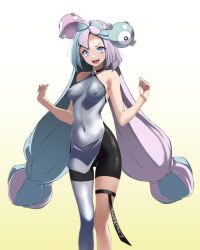 Rule 34 | 1girl, blue hair, blue nails, bow-shaped hair, breasts, character hair ornament, covered erect nipples, covered navel, creatures (company), cropped legs, game freak, hair ornament, hexagon print, highres, iono (pokemon), long hair, low-tied long hair, medium breasts, multicolored hair, nail polish, nintendo, pantyhose, pink eyes, pink hair, pink nails, pokemon, pokemon sv, sharp teeth, single leg pantyhose, solo, split-color hair, teeth, tsukishiro saika, twintails, two-tone hair, very long hair, yellow background