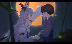 Rule 34 | 1boy, 1girl, arm strap, bamboo, black hair, bow, child, closed mouth, collared shirt, commentary request, crying, from side, fujiwara no mokou, grey shirt, hair bow, hand on another&#039;s head, highres, holding hands, huge moon, letterboxed, light smile, long hair, long sleeves, looking at another, lost child, moon, night, open mouth, orange moon, outdoors, red bow, shirt, spp5566, suspenders, touhou, two-tone bow, upper body, very long hair, white bow, white shirt