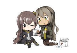 Rule 34 | 2girls, bandages, black legwear, blush, brown eyes, brown hair, closed mouth, fingerless gloves, first aid kit, full body, girls&#039; frontline, gloves, grey hair, hair between eyes, hair ornament, jacket, knee pads, long hair, looking at another, mimang juun, multiple girls, one eye closed, one side up, open mouth, pantyhose, scar, scar across eye, scar on face, shirt, simple background, single knee pad, sitting, skirt, symbol-shaped pupils, thigh strap, ump40 (girls&#039; frontline), ump45 (girls&#039; frontline), white background, white shirt