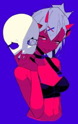 Rule 34 | 10 4 (10f0ur), 1girl, black bra, black collar, blue background, bra, breasts, cleavage, collar, collarbone, colored skin, commentary, english commentary, grey hair, highres, holding, holding mask, horns, indie virtual youtuber, looking to the side, mask, unworn mask, medium breasts, midriff, navel, oni horns, red eyes, red skin, second-party source, solo, tongue, tongue out, underwear, upper body, virtual youtuber, yfu