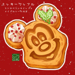 Rule 34 | artist logo, christmas, cookie, cream, disney, food, food focus, highres, mickey mouse, no humans, original, red background, yuki00yo
