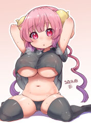 Rule 34 | 1girl, arms behind head, black panties, black thighhighs, blunt bangs, blush, breasts, commentary request, covered erect nipples, dated, dragon girl, dragon horns, full body, gradient hair, horns, ilulu (maidragon), kei jiei, kobayashi-san chi no maidragon, large breasts, long hair, looking at viewer, multicolored hair, navel, open mouth, outline, panties, pink hair, purple hair, red eyes, shiny skin, shortstack, solo, sweat, thighhighs, underboob, underwear, white outline, yellow horns