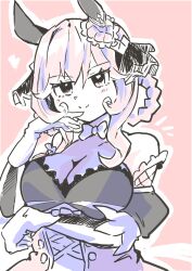 Rule 34 | 1girl, animal ears, bare shoulders, bow, bowtie, braided hair rings, breasts, cleavage, commentary request, corset, detached sleeves, ear covers, gentildonna (umamusume), gloves, hair between eyes, hair ornament, highres, looking at viewer, medium hair, notice lines, pink background, see-through, sidelocks, single ear cover, solo, umamusume, upper body, wingo (wingo809361131)