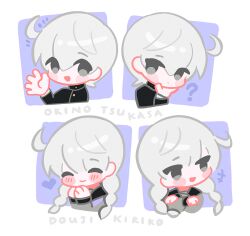 1boy ? ahoge blush braid chibi chibi_only closed_eyes crossdressing crossed_arms gakuran grey_eyes hand_on_own_chin heart juusan_kihei_bouei_ken kaninn male_focus multiple_views okino_tsukasa school_uniform serafuku solo trap twin_braids waving white_hair wig