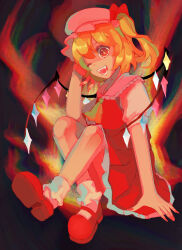 Rule 34 | 1girl, ascot, blonde hair, bobby socks, breasts, collared shirt, dark background, fangs, fire, flandre scarlet, frilled shirt collar, frilled skirt, frills, full body, hair between eyes, hat, highres, kumaclick, looking at viewer, mary janes, medium hair, mob cap, multicolored wings, one eye closed, one side up, open mouth, puffy short sleeves, puffy sleeves, red background, red footwear, red skirt, red vest, shirt, shoe soles, shoes, short sleeves, simple background, skirt, skirt set, small breasts, socks, solo, teeth, touhou, vest, white hat, white shirt, white socks, wings, yellow ascot