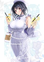 Rule 34 | 1girl, absurdres, alternate costume, black hair, blush, border, breasts, closed mouth, commentary request, cowboy shot, cup, disposable cup, dress, drinking straw, frilled dress, frills, grey jacket, highres, holding, holding cup, jacket, jacket partially removed, kantai collection, large breasts, looking at viewer, red eyes, short hair, smile, solo, takao (kancolle), white border, yunamaro