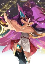 Rule 34 | 1girl, bare shoulders, blazblue, blazblue: central fiction, detached sleeves, doll joints, hades izanami, hyakuhachi (over3), joints, mikado (blazblue), ponytail, purple hair, red eyes, skirt, solo, thighhighs
