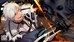 Rule 34 | 1boy, artist logo, bishounen, black shirt, chain, character name, coat, from side, glint, grey coat, grey hair, hair between eyes, highres, holding, holding sword, holding weapon, indie virtual youtuber, looking at viewer, male focus, melorius lux, monster, ororooops, pointy ears, purple eyes, shirt, short hair, solo, sword, sword writing, teeth, virtual youtuber, weapon, white coat