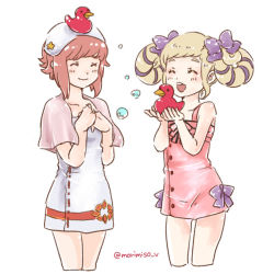 Rule 34 | 2girls, blonde hair, bow, buttons, closed mouth, dress, elise (fire emblem), closed eyes, fire emblem, fire emblem fates, fire emblem heroes, hair bow, insarability, multicolored hair, multiple girls, nintendo, open mouth, pink hair, purple bow, purple hair, rubber duck, sakura (fire emblem), short hair, simple background, smile, towel, towel on head, twintails, twitter username, white background