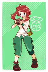 Rule 34 | 1girl, badge, black eyes, blush, breasts, brown footwear, brown hair, bug badge, camera, cosplay, creatures (company), fang, full body, game freak, green background, green pants, gym leader badge, hibikileon, highres, holding, holding camera, large breasts, may (pokemon), medium hair, nintendo, pants, pokemon, pokemon adventures, pokemon xy, polka dot, polka dot background, shoes, solo, standing, sweat, twintails, viola (pokemon), viola (pokemon) (cosplay)