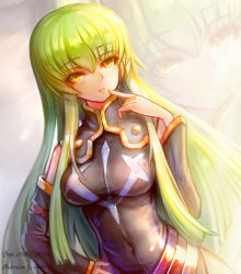 Rule 34 | 1girl, artist name, bad id, bad pixiv id, black dress, breasts, c.c., code geass, commentary, covered navel, dated, detached sleeves, dress, finger to mouth, green hair, hand on own hip, long hair, long sleeves, looking at viewer, medium breasts, parted lips, photoshop (medium), revision, sidelocks, smile, solo, sxbzero, upper body, very long hair, yellow eyes, zoom layer