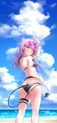 Rule 34 | 1girl, absurdres, ass, bikini, black bikini, blush, breasts, butt crack, demon tail, ear piercing, earrings, eyewear on head, fang, green eyes, highres, hololive, jewelry, long hair, looking at viewer, multicolored hair, ocean, piercing, pink hair, purple hair, rei (9086), sky, small breasts, smile, solo, swimsuit, tail, thigh strap, thighs, tokoyami towa, virtual youtuber