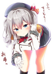 Rule 34 | 10s, 1girl, beret, black socks, blue eyes, blush, breasts, buttons, commentary request, epaulettes, frilled sleeves, frills, gloves, hat, kantai collection, kashima (kancolle), kerchief, kneehighs, large breasts, leaning forward, military, military uniform, miniskirt, pleated skirt, sidelocks, silver hair, skirt, smile, socks, solo, text focus, translation request, tsurime, twintails, uniform, wavy hair, white gloves, yodosu915